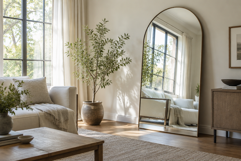 A bright living room with a large arched floor mirror reflecting window light