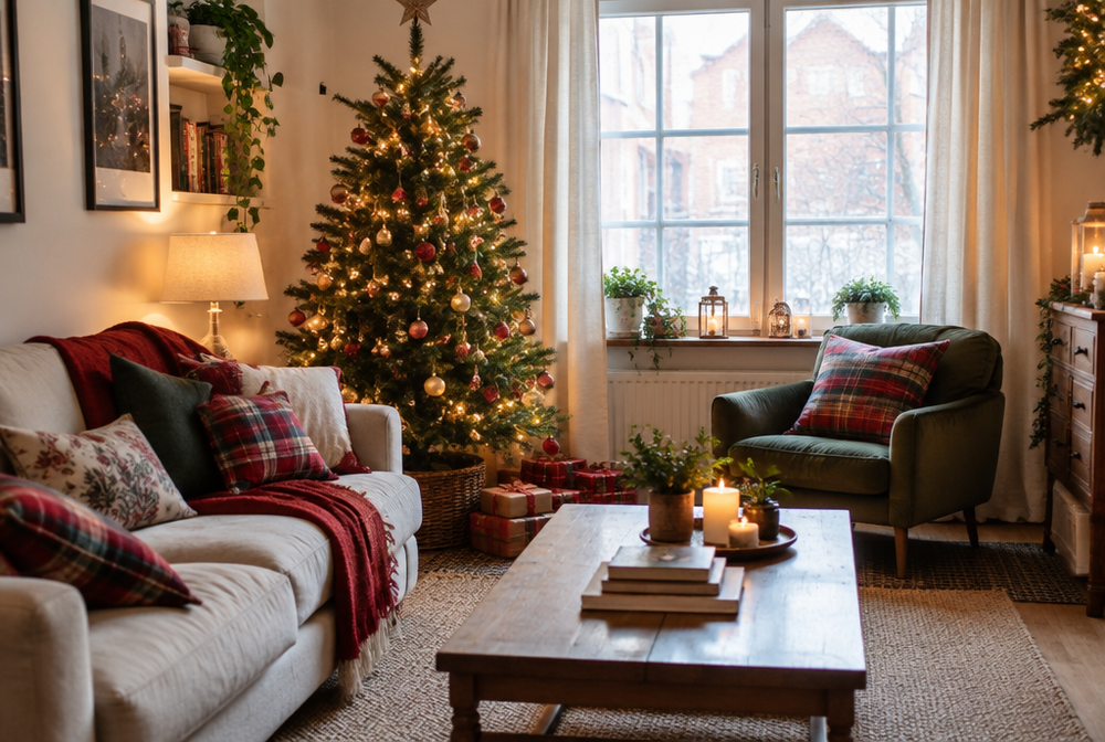 A small apartment living room turned into a holiday haven with a tree, lights and plaid cushions