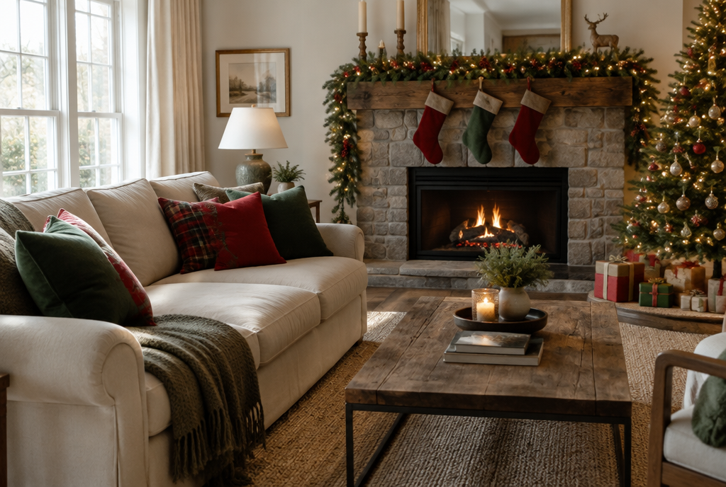 A holiday living room mixing existing decor with new red and green cushions and garland
