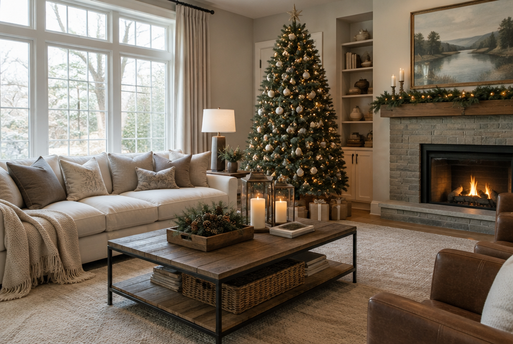 A tastefully decorated holiday living room with balanced decor, neutral cushions and a tree