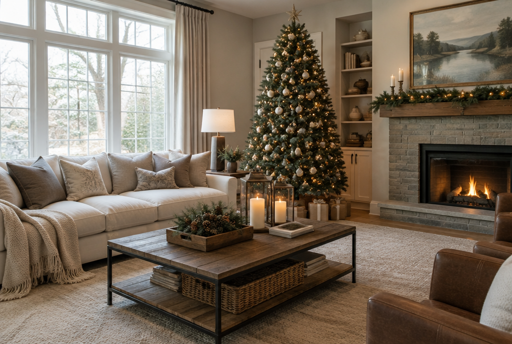 A tastefully decorated holiday living room with balanced decor, neutral cushions and a tree