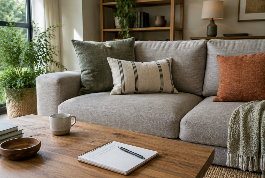 A calm living room with a few carefully chosen new cushions and a shopping list notebook on the coffee table