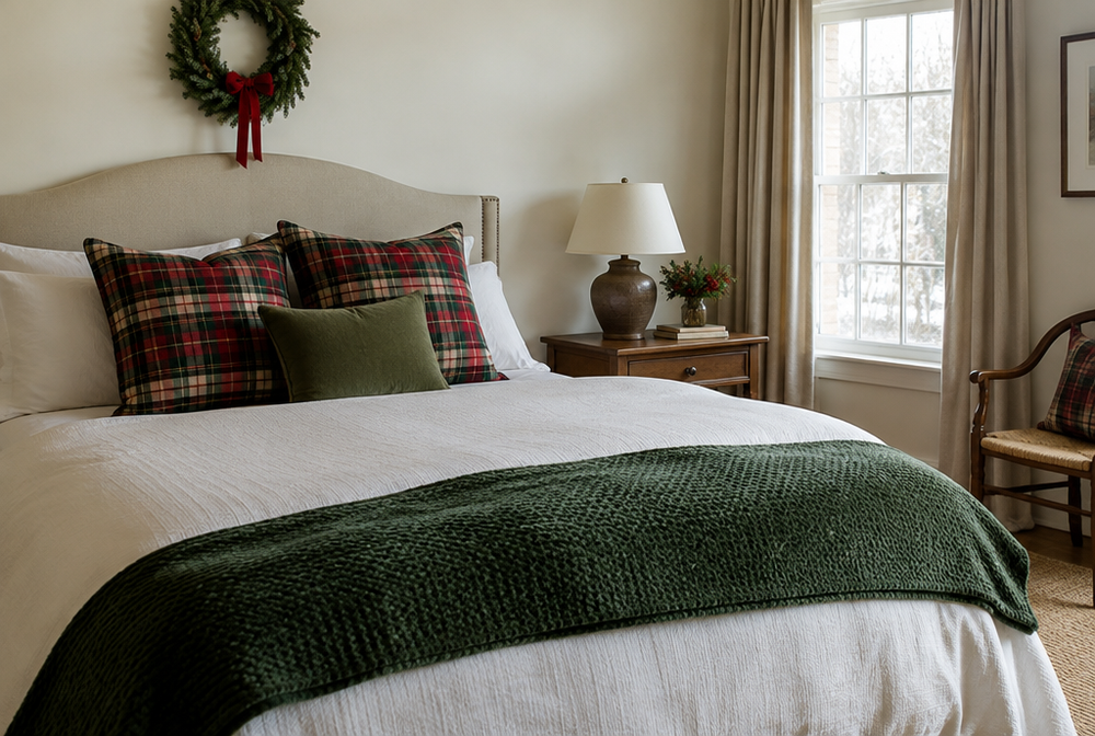A guest bedroom made holiday-ready with fresh bedding, plaid pillows and a small wreath