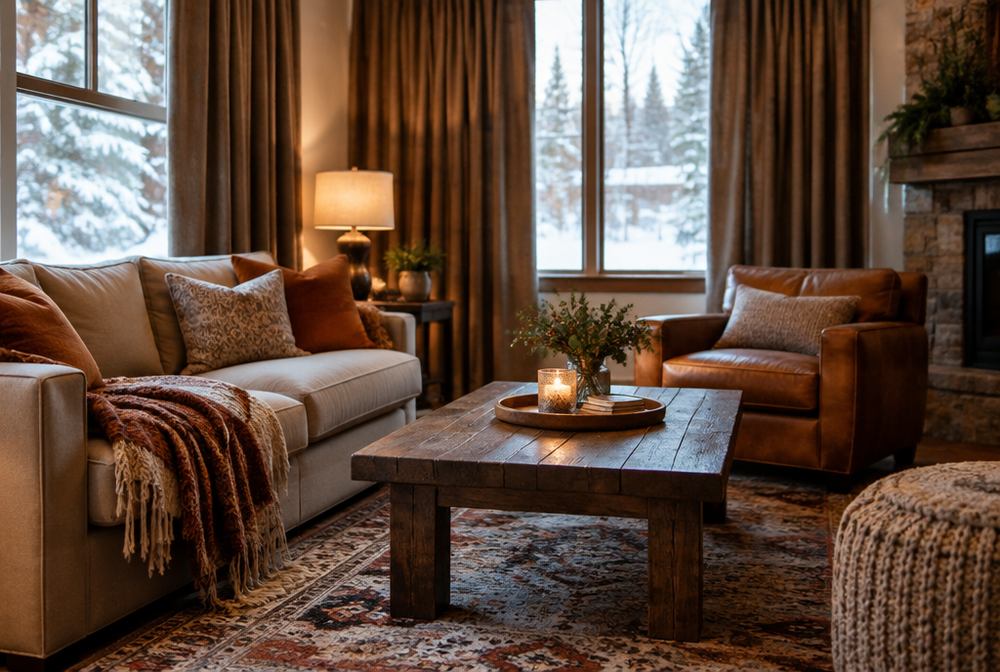 A home styled for winter with heavy curtains, rugs, throws and warm cushions