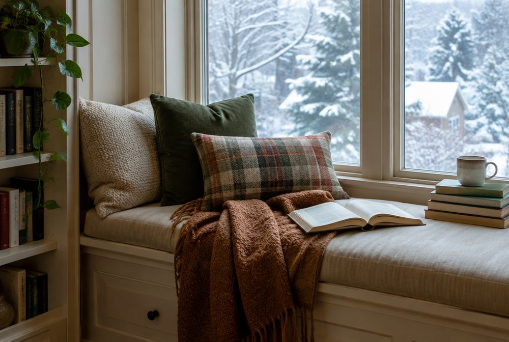 A cozy reading nook by a window with a cushioned seat, pillows, a throw and a stack of books on a winter day