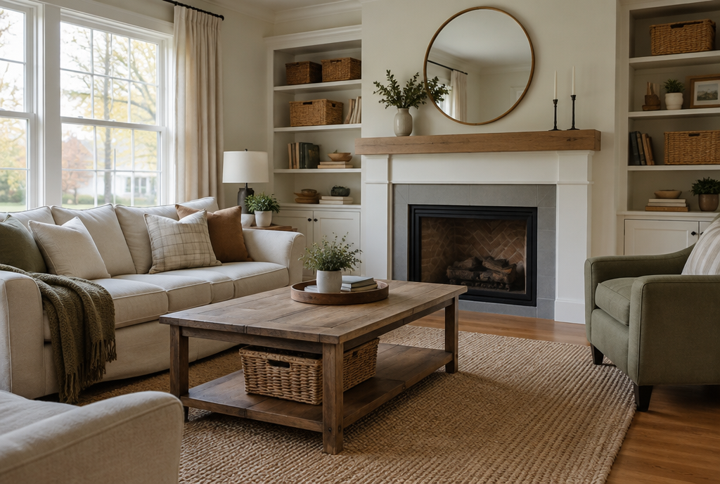 A tidy decluttered living room with storage baskets and clean surfaces before the holidays