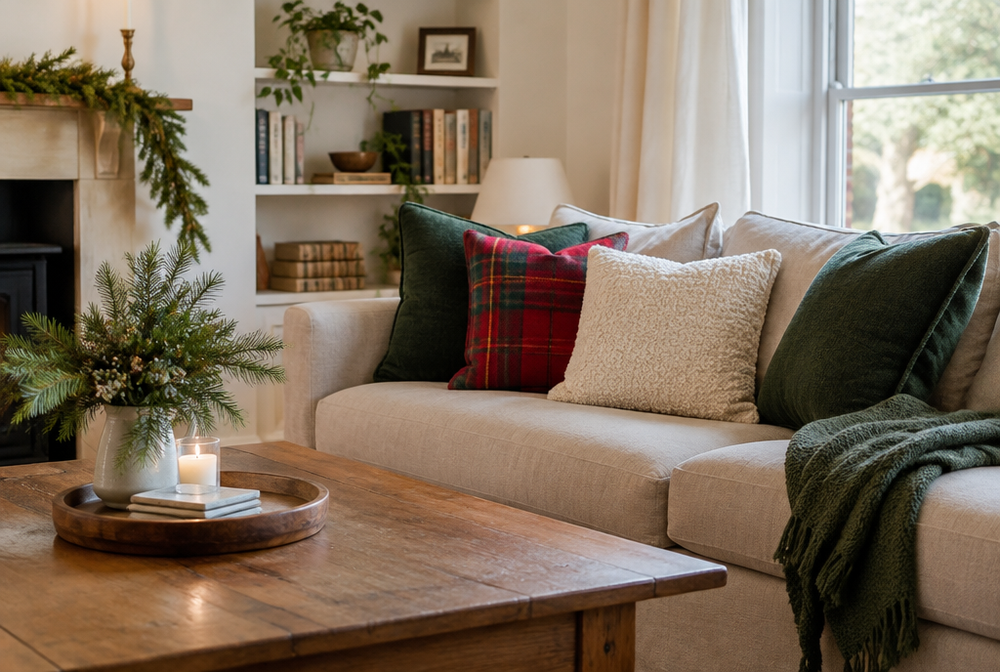 An affordable holiday refresh of a living room with new cushion covers and simple greenery