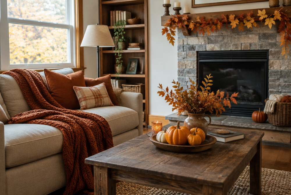 A fall living room with DIY projects: pumpkins, dried leaves garland, rust cushions and a knit throw