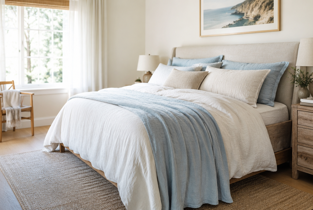 A bedroom with breathable linen bedding and cooling fabrics, airy and light