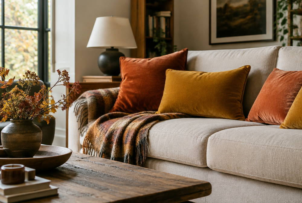 A cozy fall living room with rust and mustard velvet cushions and a wool throw