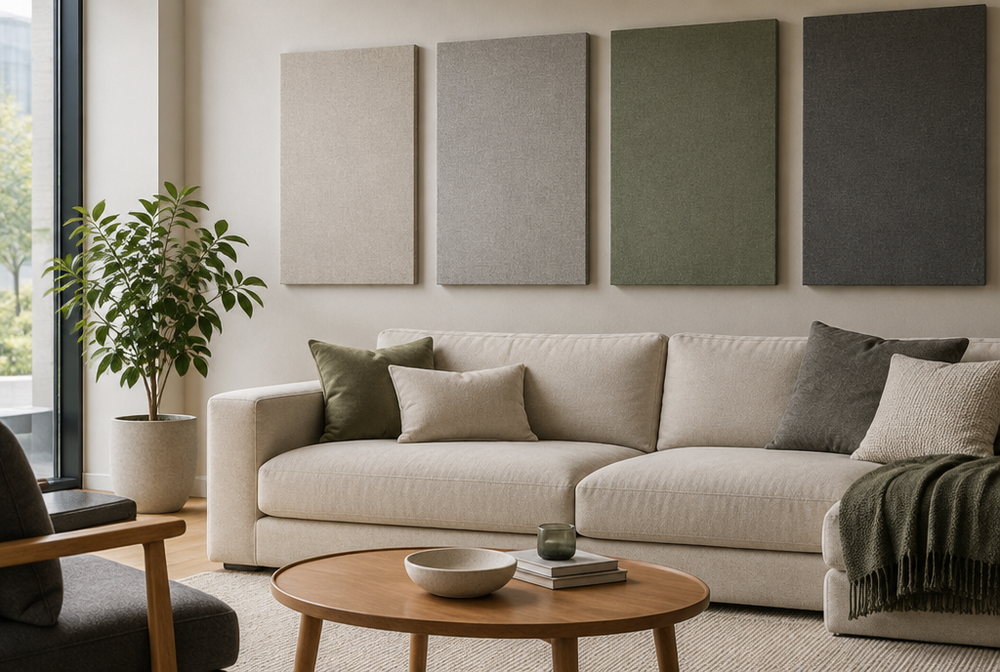 A living room wall with fabric-wrapped acoustic panels above a sofa, modern