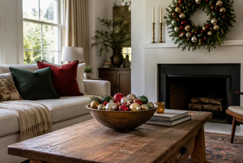 Last year's holiday ornaments repurposed into a bowl centerpiece and wreath, cushions on the sofa