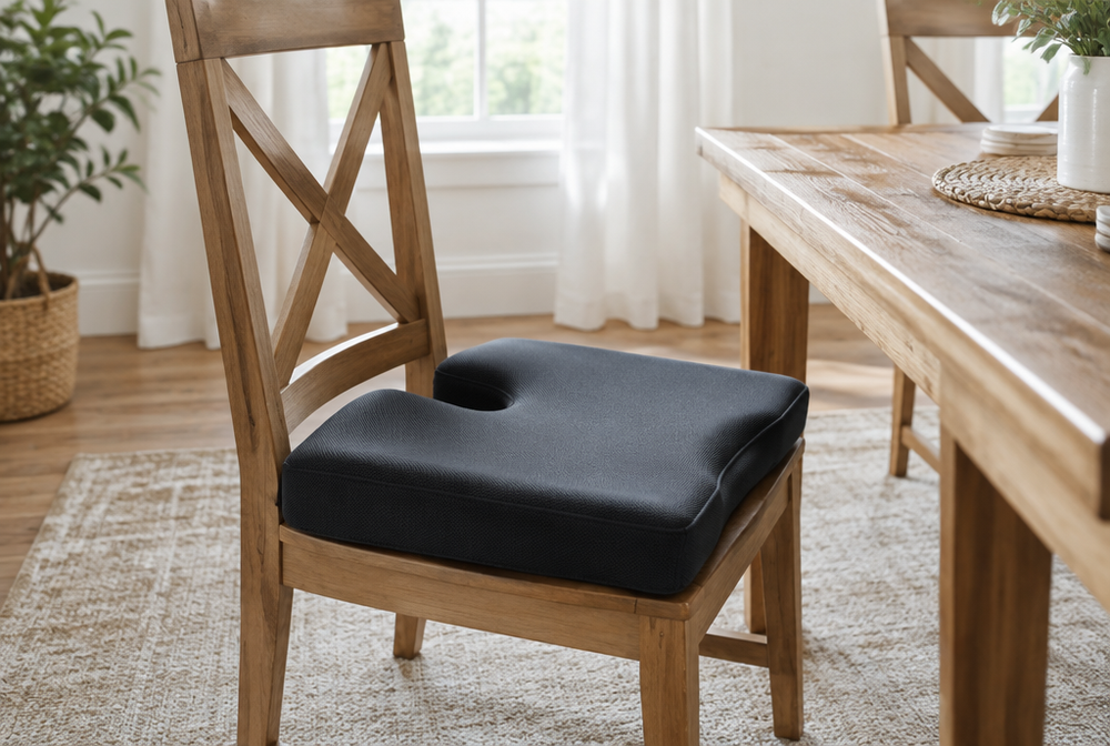 An orthopedic supportive seat cushion on a dining chair, clean product-in-room photo