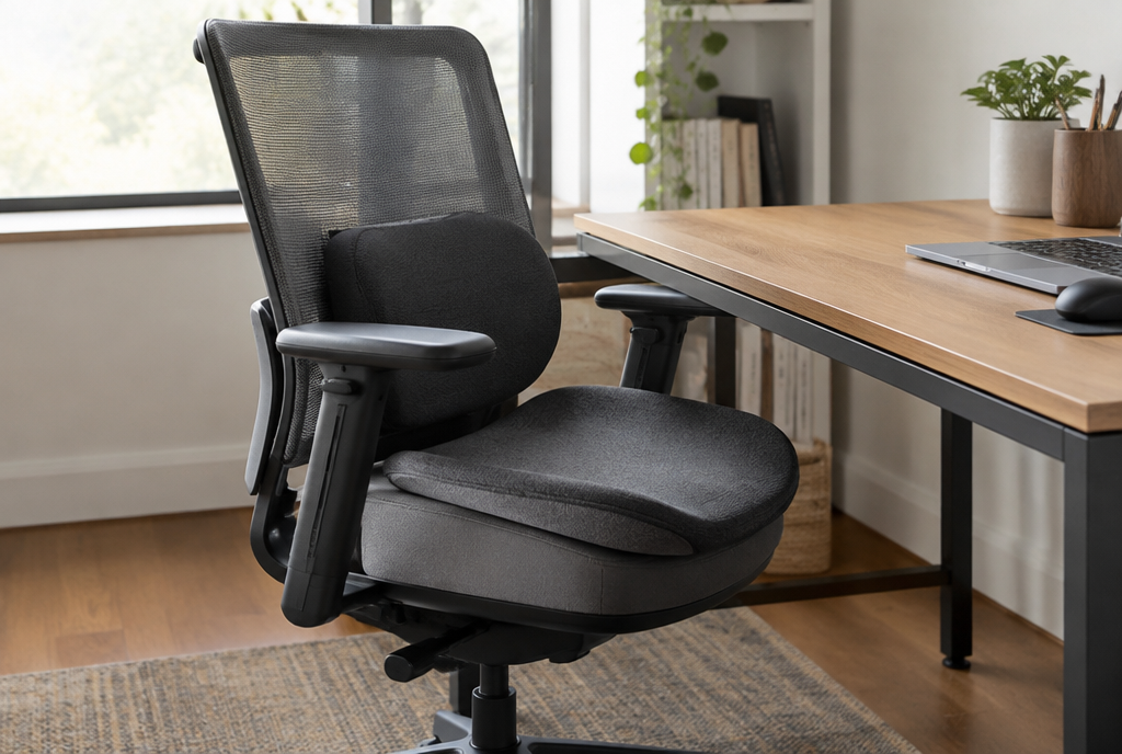 A home office chair with an ergonomic seat cushion and lumbar cushion at a desk