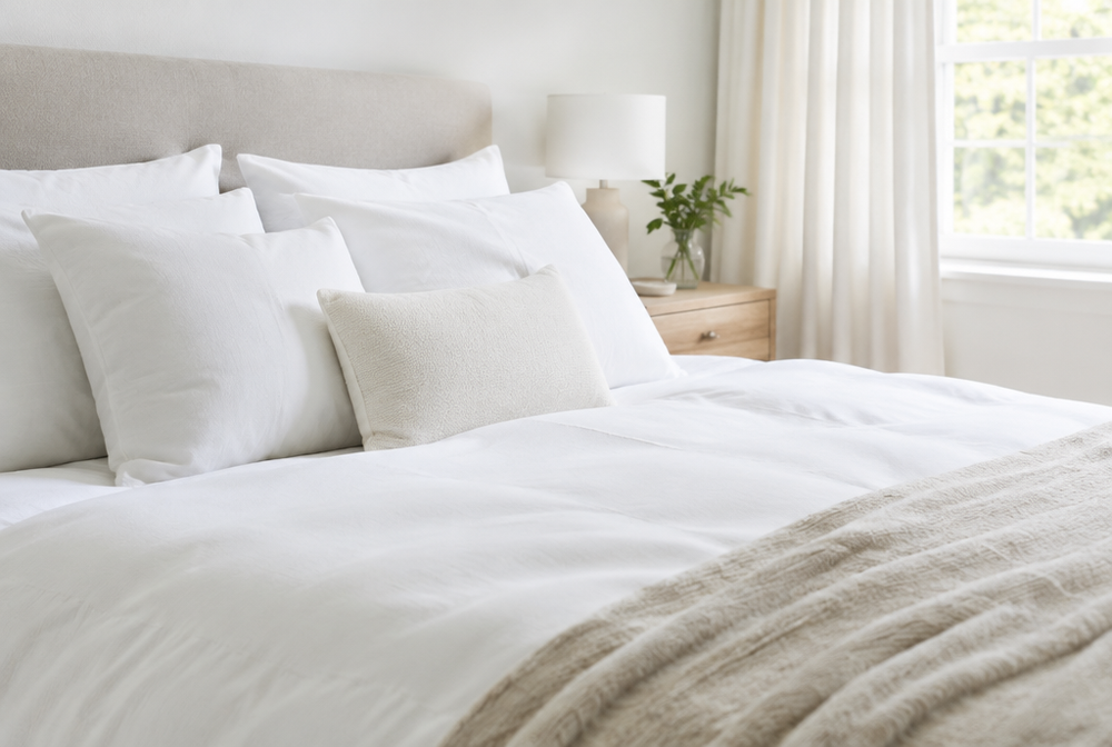 A clean bright bedroom with hypoallergenic cushions and white bedding, dust-free and fresh