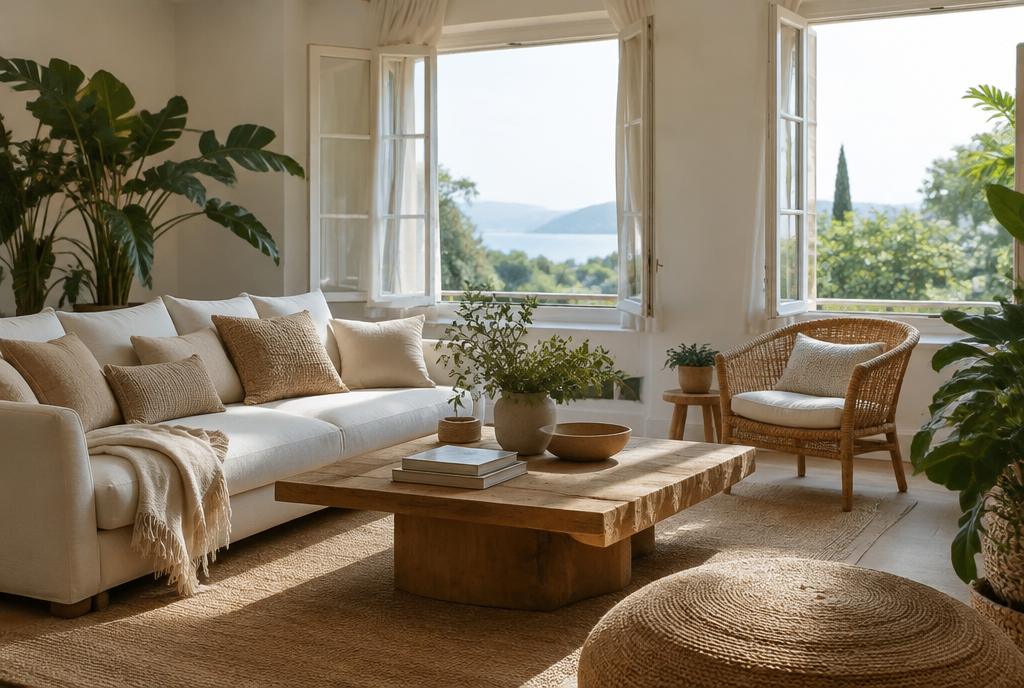 A fresh airy living room with natural fibre cushions, plants and open windows