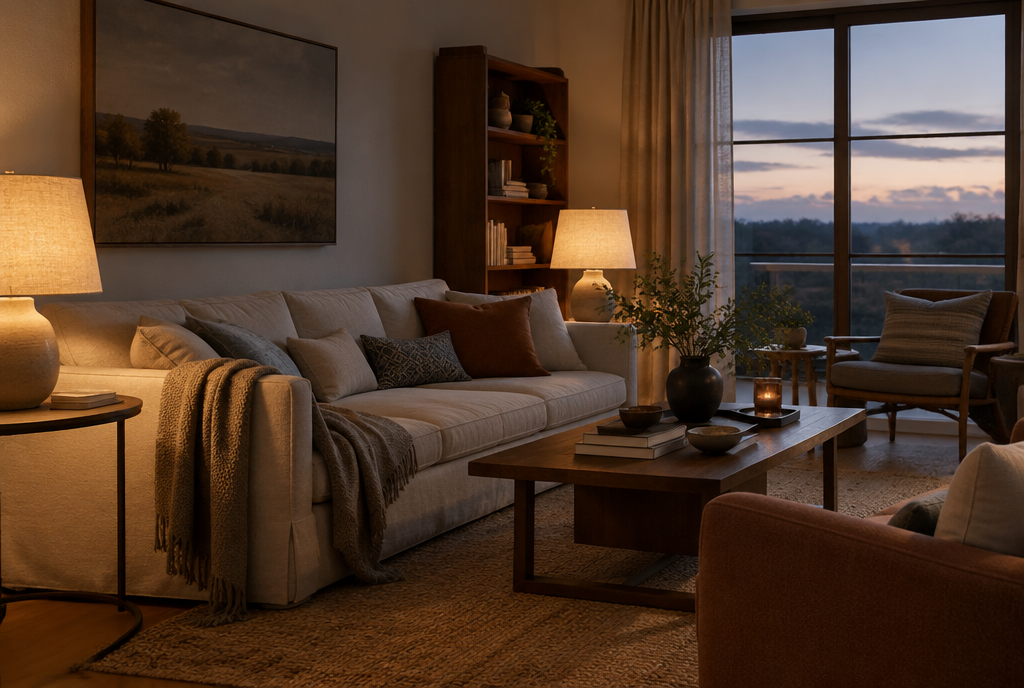 A living room at dusk with warm lamps glowing through linen lampshades and soft textiles