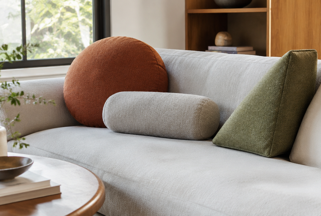 A modern interior with uniquely shaped cushions: round, bolster and wedge cushions on a sofa
