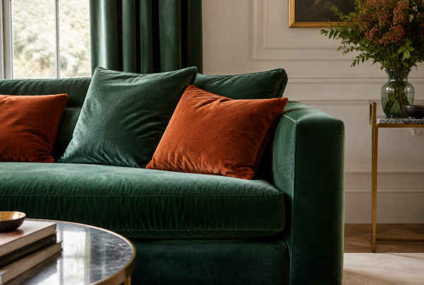 A luxurious velvet sofa with velvet cushions in emerald and rust
