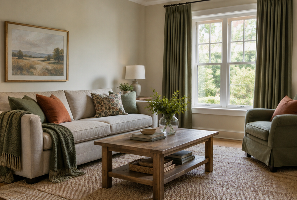 A plain living room transformed with fabric accents: curtains, cushions and a throw