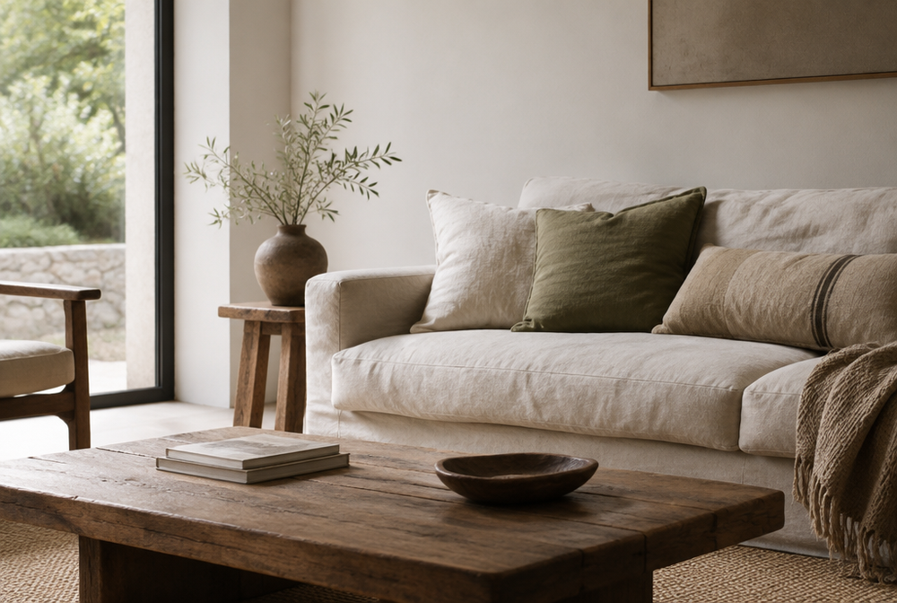 A minimalist living room with eco-friendly organic linen cushions and natural textures