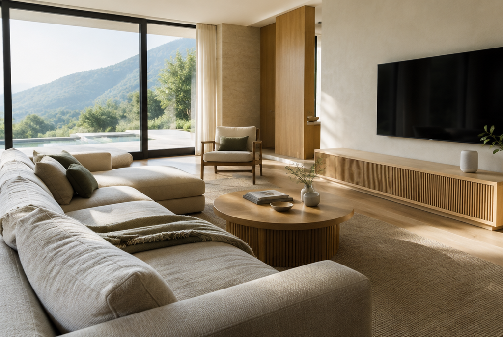 A modern smart home living room with performance fabric sofa and minimal tech