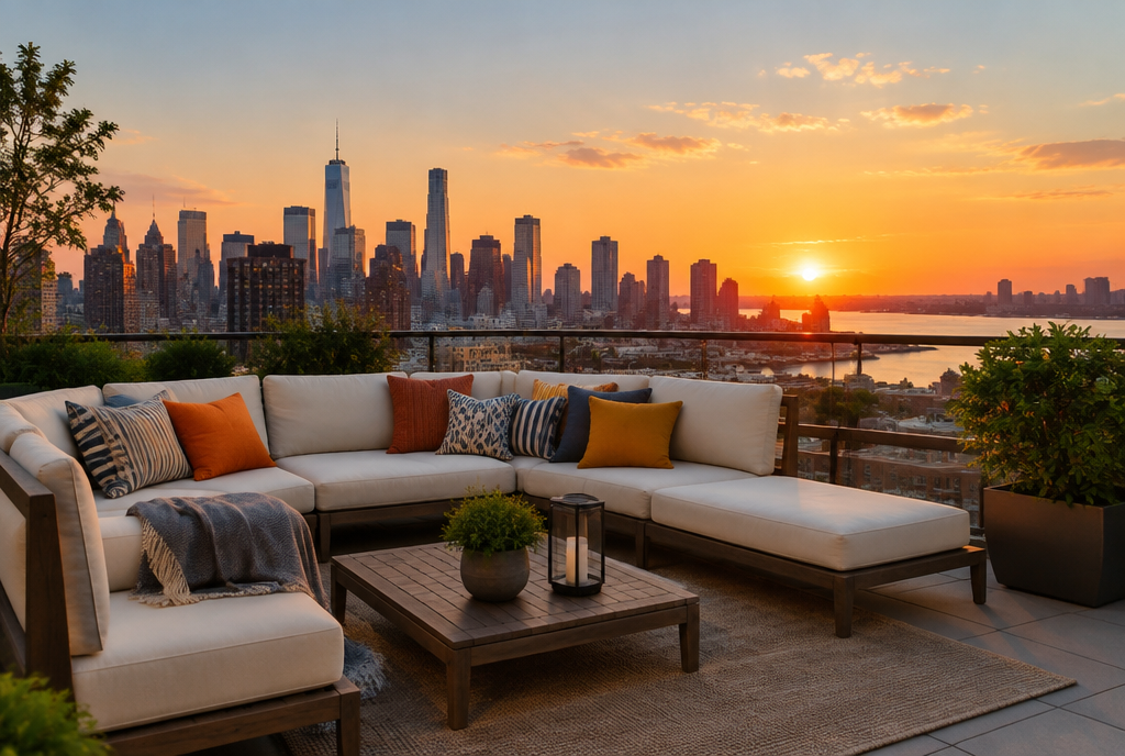 A rooftop terrace with outdoor sofas, colourful cushions and city skyline at sunset