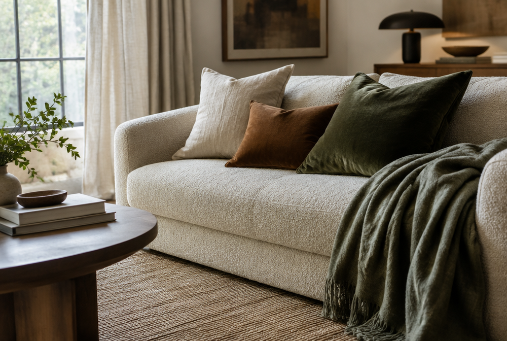 A designer living room layering velvet, linen and boucle fabrics on a sofa