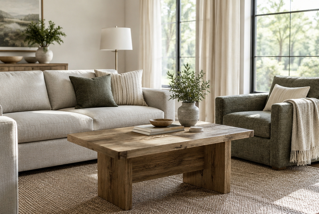 A stylish living room with performance fabric upholstered furniture and cushions