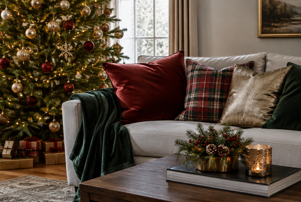Holiday fabric trends: velvet, plaid wool and metallic cushions on a sofa with a tree