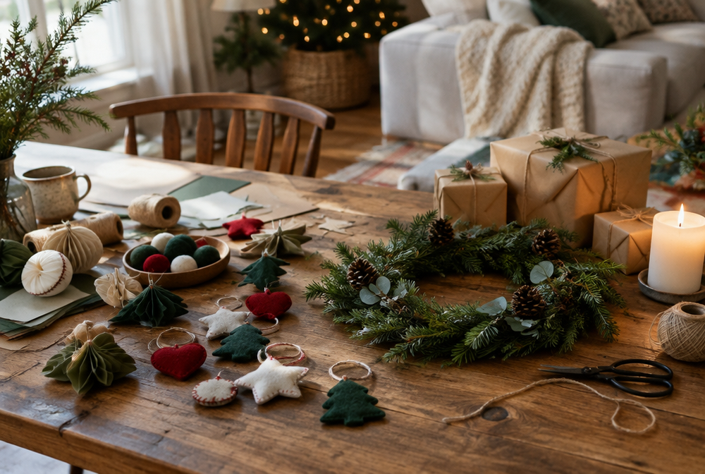 A wooden table set up for holiday DIY projects with handmade ornaments, an evergreen wreath in progress, kraft-wrapped gifts, twine and a candle