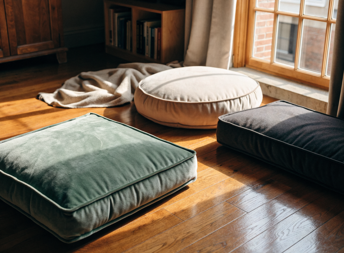 Custom square, round and rectangular floor cushions in a reading corner