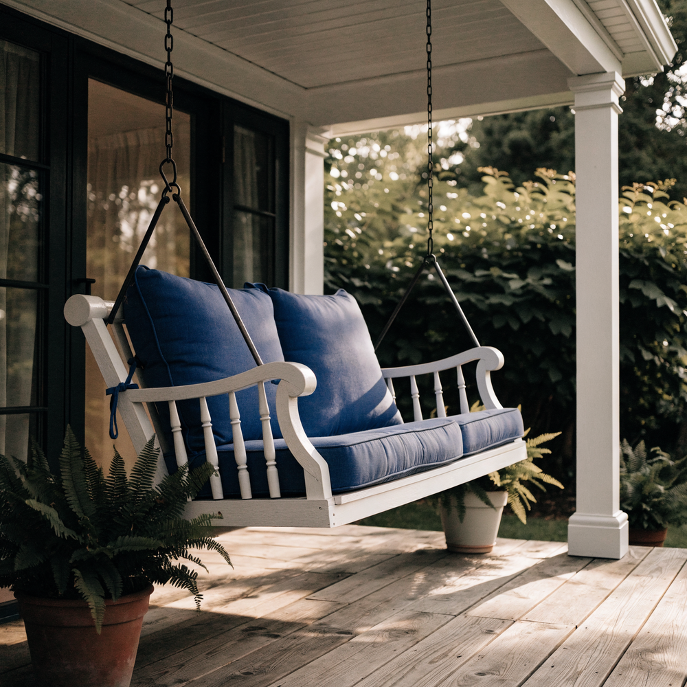 Custom seat and back cushions with ties on a porch