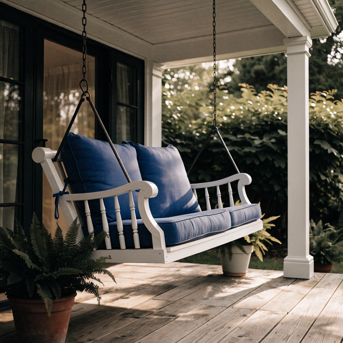Custom seat and back cushions with ties on a porch