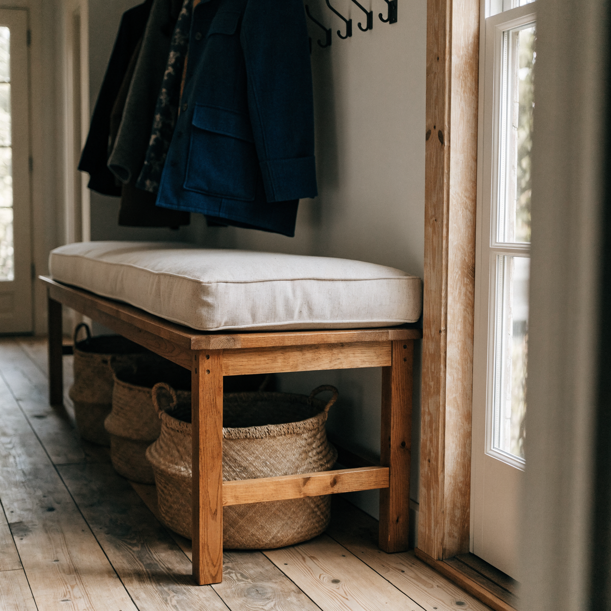 Custom mudroom bench cushion in natural canvas fabric