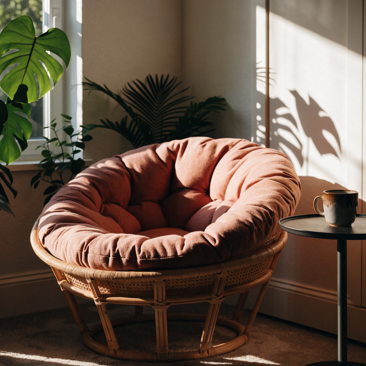 Custom round papasan chair cushion in terracotta fabric