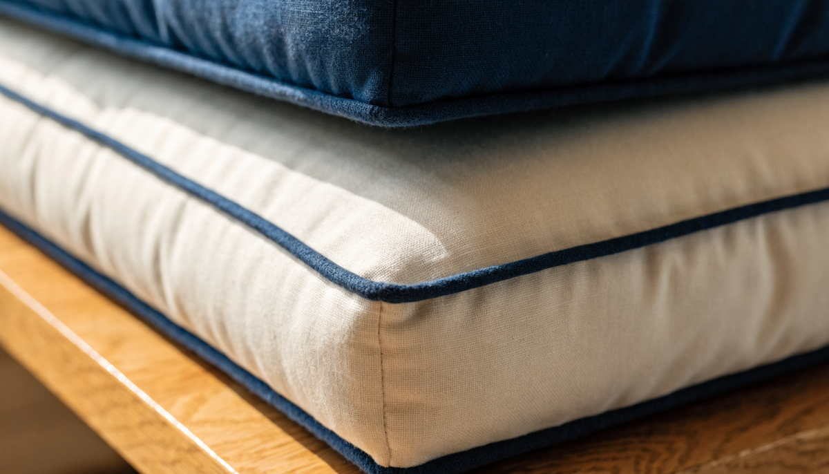 Close-up of cushion piping: cream box cushion with navy contrast welt and a navy cushion with self-welt