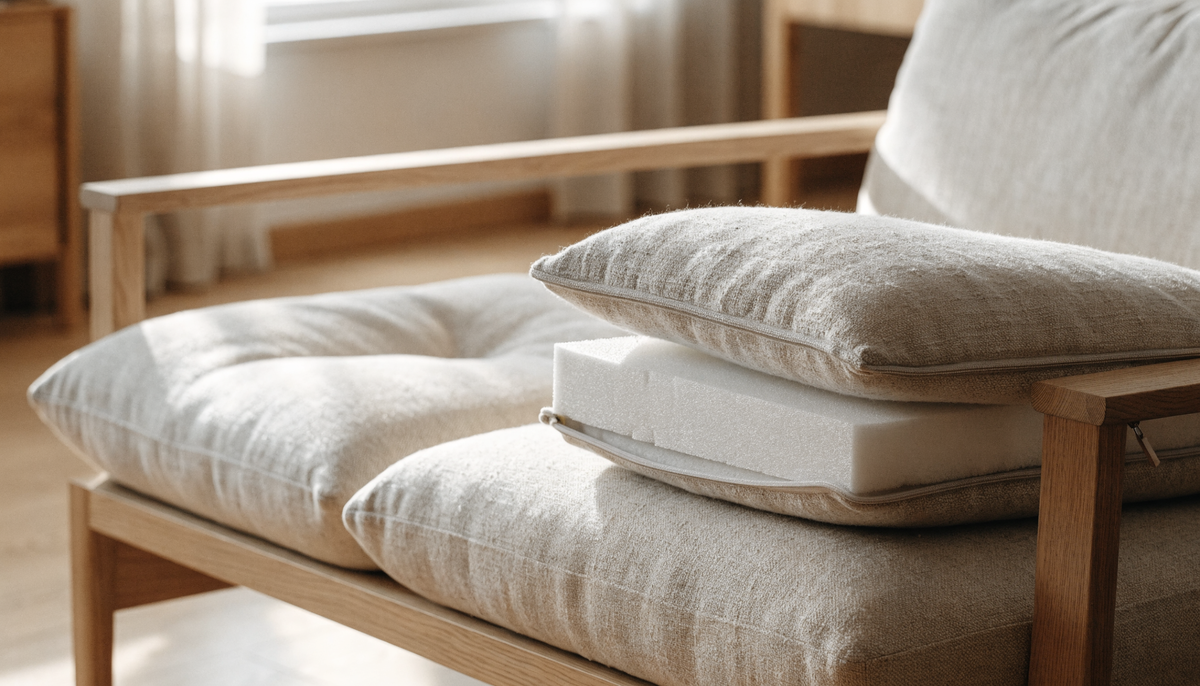 Sofa with a sagging seat cushion next to one opened to show a new high-density foam insert