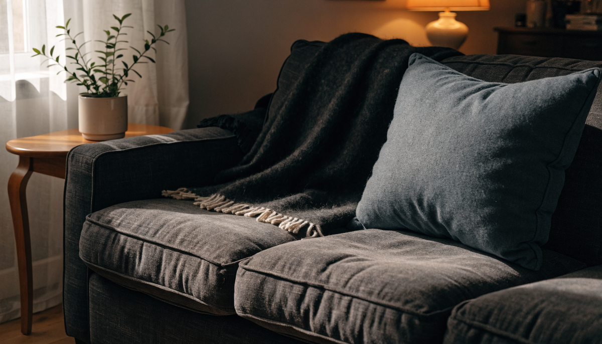 Worn charcoal couch cushions beside a new replacement cushion in a cozy living room