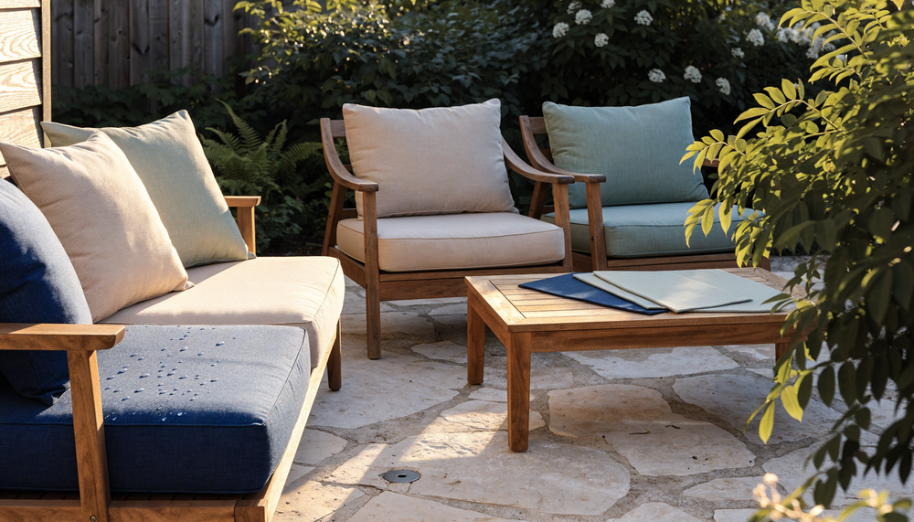 Patio sofa and lounge chairs with outdoor cushions in navy, sand and green fabric, with fabric swatches on the table