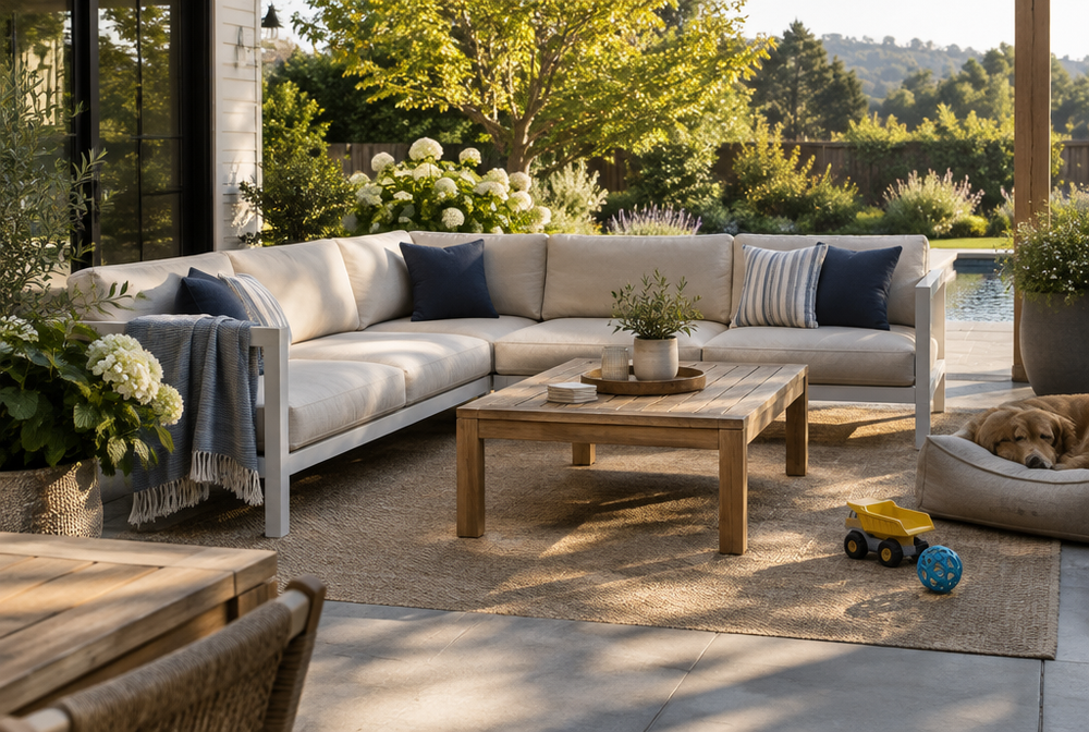 Modular aluminum outdoor sofa with sand-colored deep seat cushions on a family patio