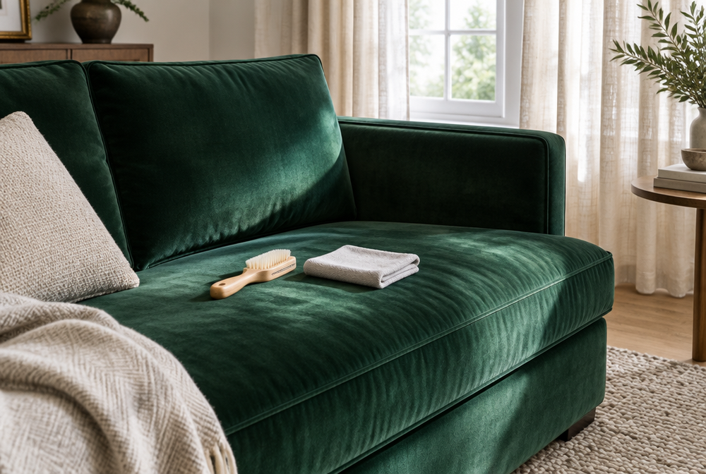 Green velvet sofa with a soft brush and cloth for cleaning