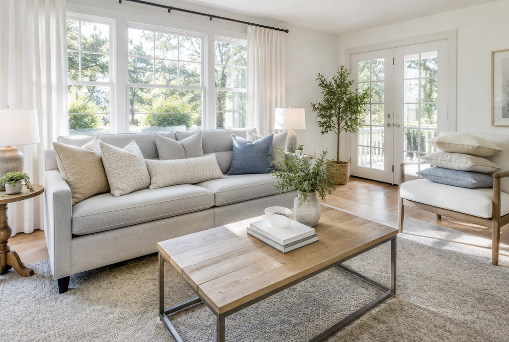 Staged living room sofa with neutral textured throw pillows and a blue accent