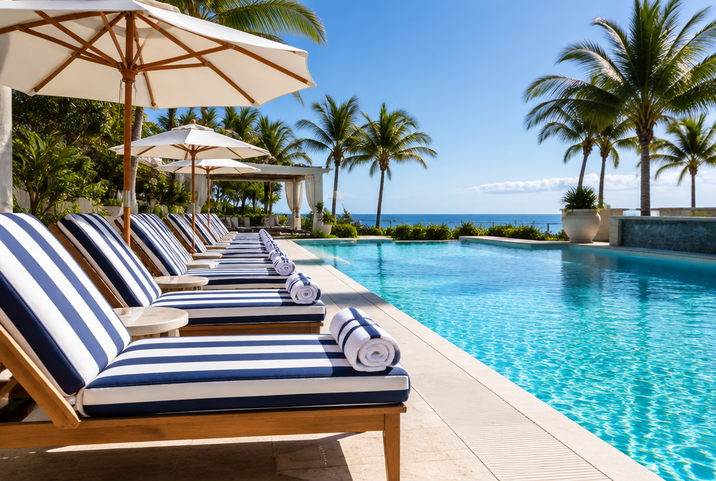 Hotel pool deck chaise lounges with white and navy striped outdoor cushions