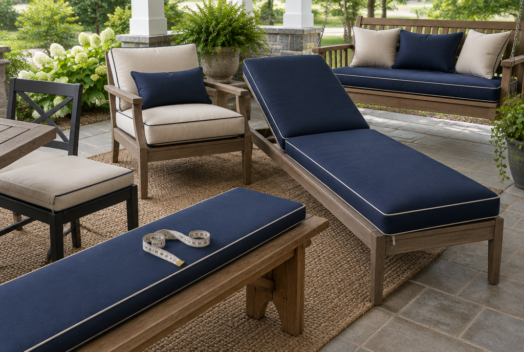 Custom outdoor cushions for a dining chair, lounge chair, chaise, bench and porch swing with a tape measure