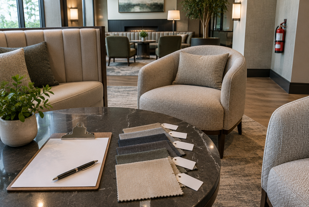 Hotel lounge upholstery with fabric swatches and a specification sheet