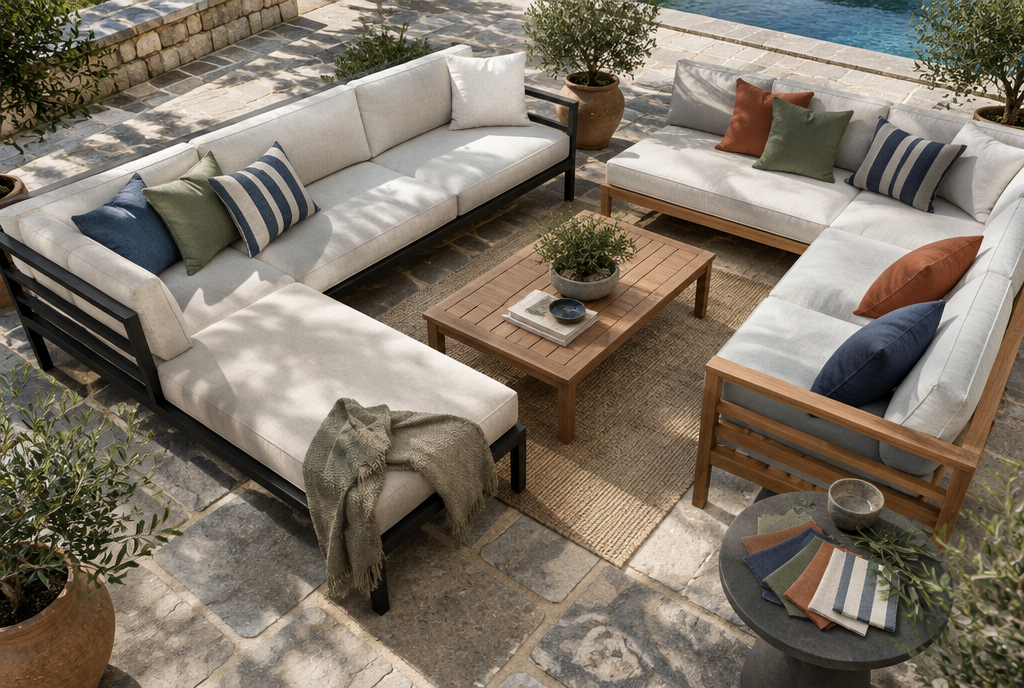 Outdoor sectionals with black and teak frames, neutral cushions and colorful accent pillows