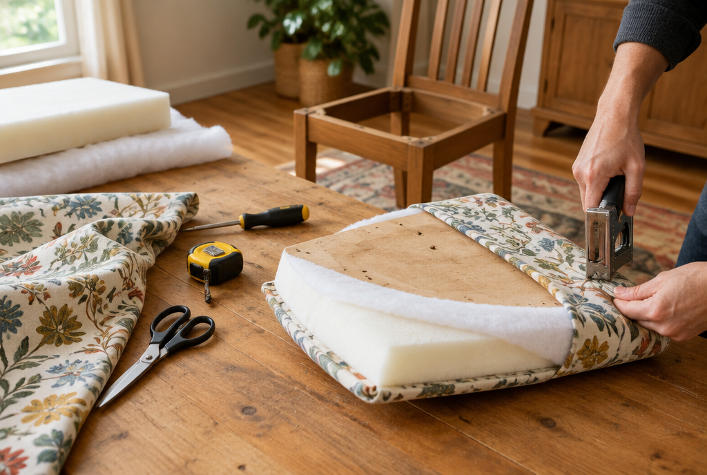 Reupholstering a dining chair seat with foam, batting, fabric and a staple gun
