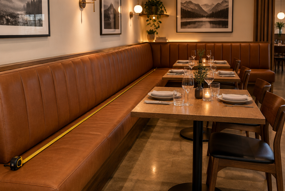 L-shaped restaurant banquette with faux leather cushions and a tape measure