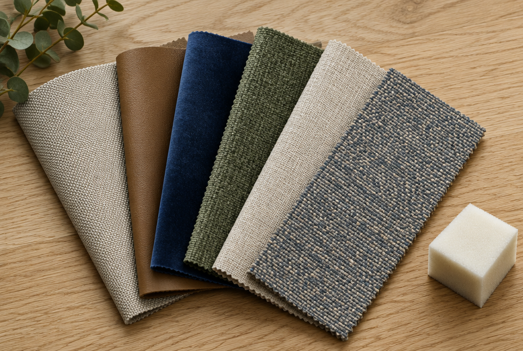Upholstery fabric swatches including outdoor canvas, faux leather, velvet, chenille and linen
